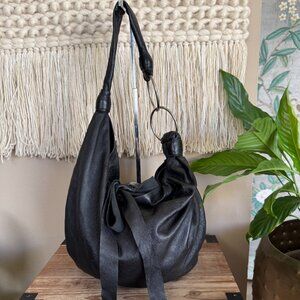 Lolli Black Genuine Leather Silver O Ring Squishy Dumpling Large Hobo Sling Bag